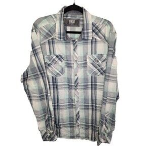 BKE Buckle Mens Shirt Blue Plaid Western Pearl Snap Button Up Athletic Fit XL
